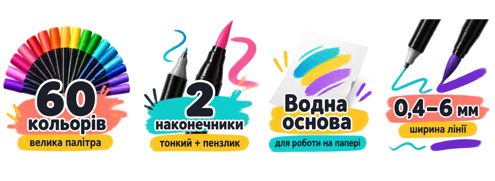 Двосторонні лайнери Mobee: 60 кольорів, два наконечники, водна основа, лінії 0,4–6 мм