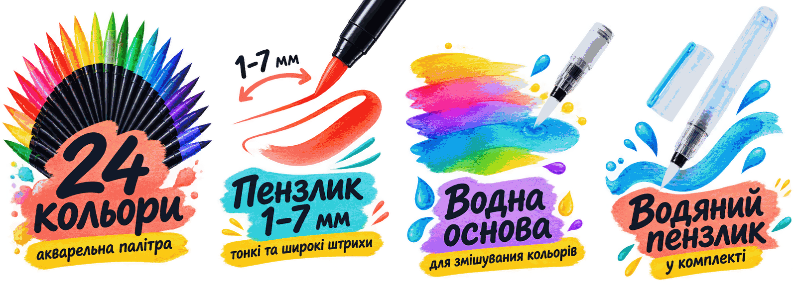 Інфографіка: 24 кольори, пензлик 1–7 мм, водна основа, водяний пензлик